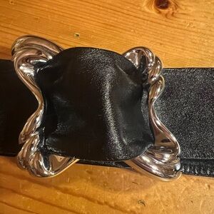 Black Leather Belt with Unique Silver Accent Buckle